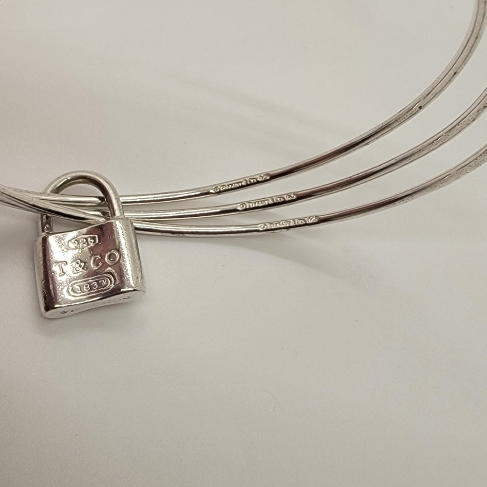 Tiffany & Co. Sterling Silver 1837 Lock Charm Triple Bangle Bracelet - Picture 3 of 4